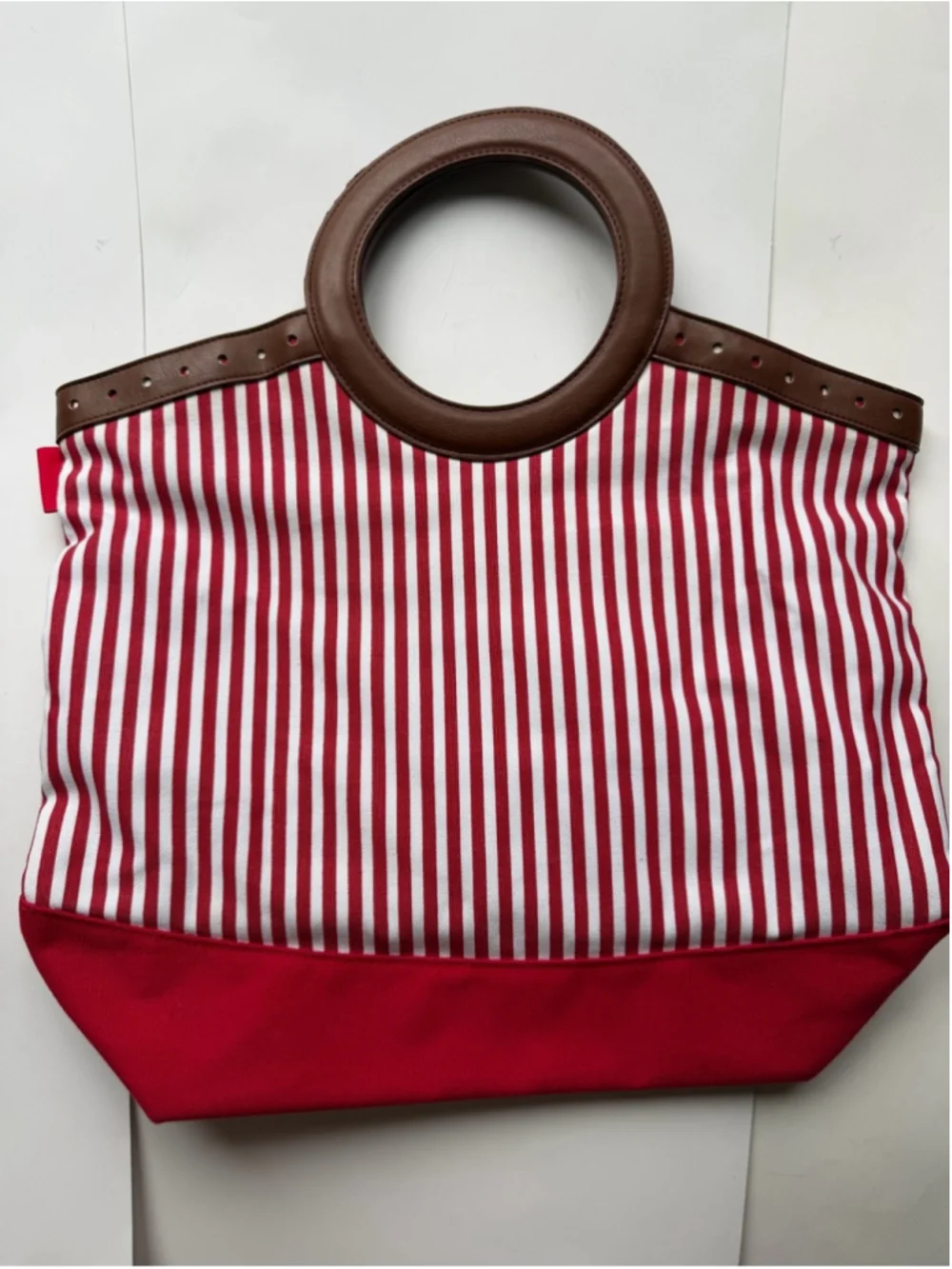 Bloomingdale's Red & White Striped Tote with Brown Round Handles